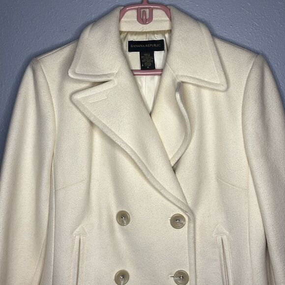 Banana Republic Cream Soft Wool Double Breasted Fully Lined Pea Coat Size Medium - Picture 2 of 16